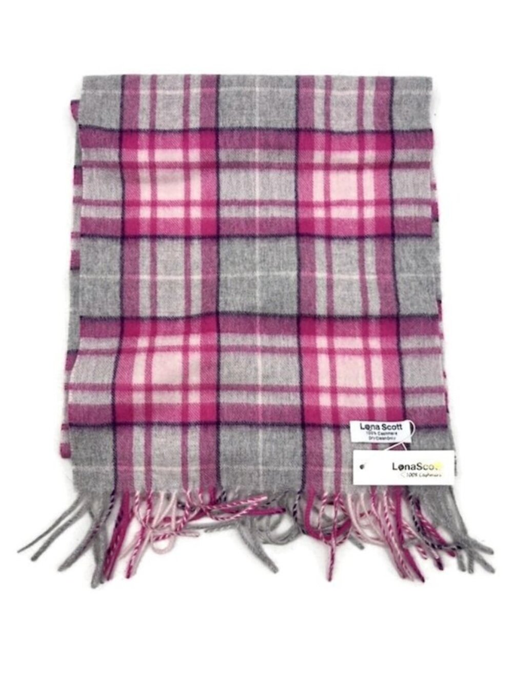 New Lona Scott Pure Cashmere Tartan Scarf MacKellar Pink Grey 60x12 Fringe Plaid